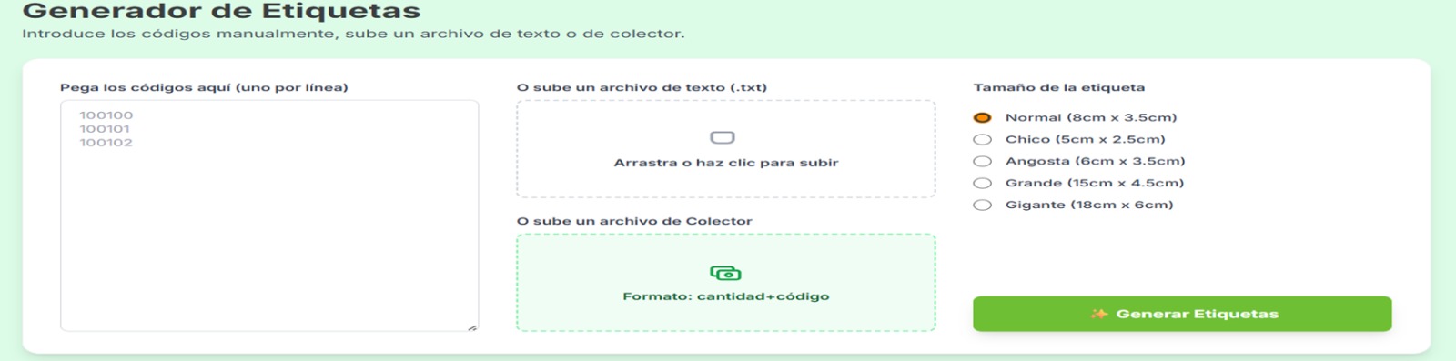 Generador manual de etiquetas Precios Condor con opciones para pegar códigos, cargar archivos de texto y sincronizar con colector de datos